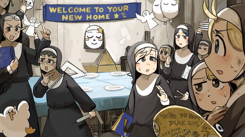 &gt;_&lt; 6+girls balloon bird black_hair blonde_hair blue_eyes blue_hair brown_hair chicken clumsy_nun_(diva) commentary diva_(hyxpk) duck english_commentary eyewear_on_head feathers froggy_nun_(diva) glasses grey_hair highres little_nuns_(diva) multiple_girls nun pencil pencil_behind_ear plate rectangular_eyewear ruler skateboard spicy_nun_(diva) star_ornament sweat table traditional_nun yellow_eyes