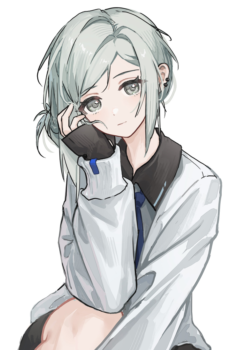 1girl absurdres alternate_costume blue_necktie closed_mouth elbow_on_knee grey_eyes grey_hair hair_bun hand_on_own_cheek hand_on_own_face hand_up highres jacket knee_up looking_at_viewer necktie reverse:1999 short_hair single_side_bun sleeves_past_wrists solo upper_body vertin_(reverse:1999) white_background white_jacket yukiri_(l_ii)