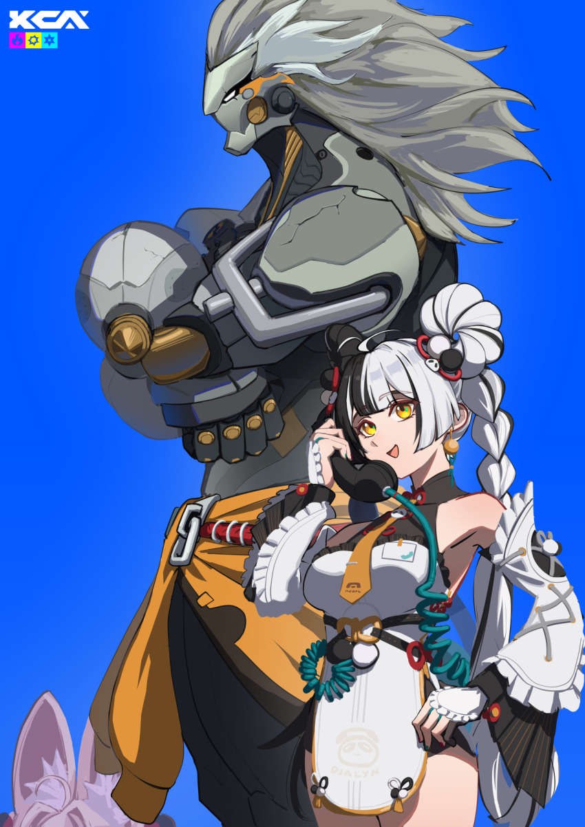 1boy 2girls ahoge animal_ear_fluff animal_ears appl3 aqua_nails artificial_eye banyue_(zenless_zone_zero) bare_shoulders black_hair black_shorts blue_background braid braided_twintails china_dress chinese_clothes clothed_robot clothes_around_waist commentary corded_phone cowboy_shot crossed_arms detached_sleeves dialyn_(zenless_zone_zero) dress earrings english_commentary from_side grey_hair hair_ornament hand_on_own_hip hand_up highres holding holding_phone humanoid_robot id_card jewelry long_hair mechanical_eye mechanical_hands metal_skin multicolored_hair multicolored_nails multiple_girls necktie open_mouth out_of_frame panda_hair_ornament phone pink_hair rabbit_ears red_nails robot robot_boy shorts split-color_hair white_dress white_hair wire yellow_eyes yellow_necktie zenless_zone_zero zhao_(zenless_zone_zero)