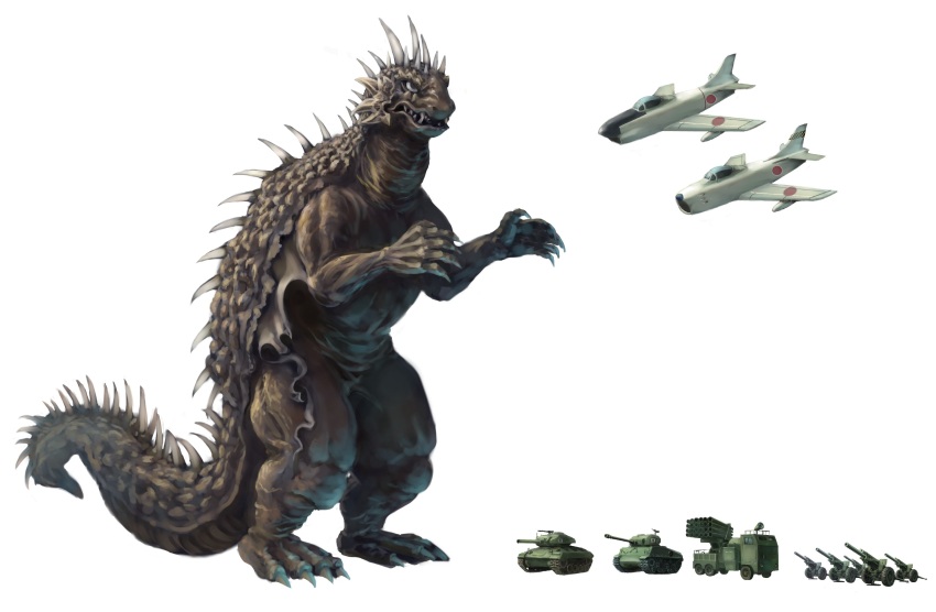24_twin_rocket_car absurdres aircraft airplane artillery cannon claws destroy_all_monsters f-86 f-86_sabre fighter_jet flying full_body giant giant_monster godzilla_(series) highres horns howitzer japan_self-defense_force kaiju m114_howitzer m24_chaffee m4_sherman membrane military military_vehicle monster motor_vehicle no_humans open_mouth patagium rocket_launcher rocket_pod sharp_teeth simple_background spikes tail tank teeth toho ultra-taf varan varan_(film) weapon white_background