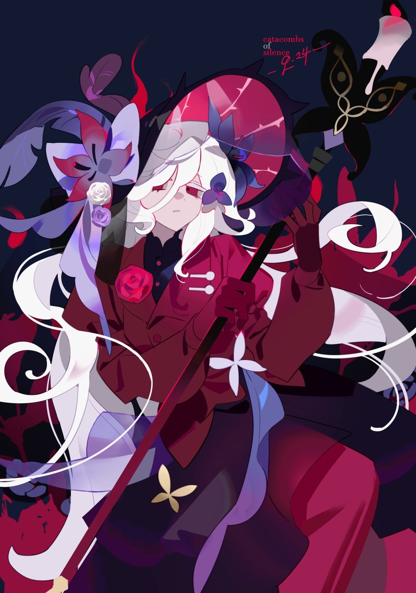 1girl absurdres black_background black_hat black_shirt black_skirt bow breasts buttons candle colored_eyelashes cookie_run cookie_run:_kingdom expressionless feet_out_of_frame flower gloves hair_between_eyes hair_flower hair_ornament hands_up hat hat_bow hat_flower highres holding holding_staff humanization invisible_chair jacket jitome long_hair long_sleeves medium_skirt pants parted_lips puffy_long_sleeves puffy_sleeves purple_flower purple_rose red_eyes red_flower red_gloves red_jacket red_pants red_rose rose shime52631 shirt simple_background sitting skirt small_breasts solo staff very_long_hair white_bow white_eyelashes white_flower white_hair white_lily_cookie white_rose