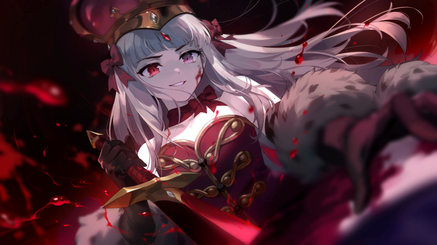 1girl artist_request check_artist crown dress ein_lee game_cg grey_hair heterochromia highres holding holding_sword holding_weapon long_hair non-web_source parted_lips purple_eyes red_dress red_eyes solo strapless strapless_dress sword teeth tevi thalia_(tevi) weapon