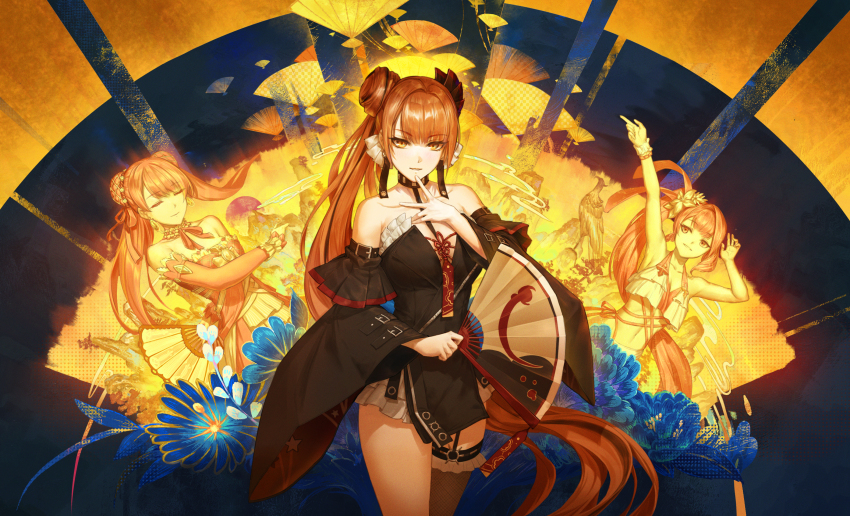 1girl bare_shoulders black_dress blunt_bangs breasts character_request detached_sleeves dress epic_seven flower hair_flower hair_ornament hand_fan highres holding holding_fan karlhe long_hair looking_at_viewer multiple_views standing strapless strapless_dress very_long_hair wide_sleeves