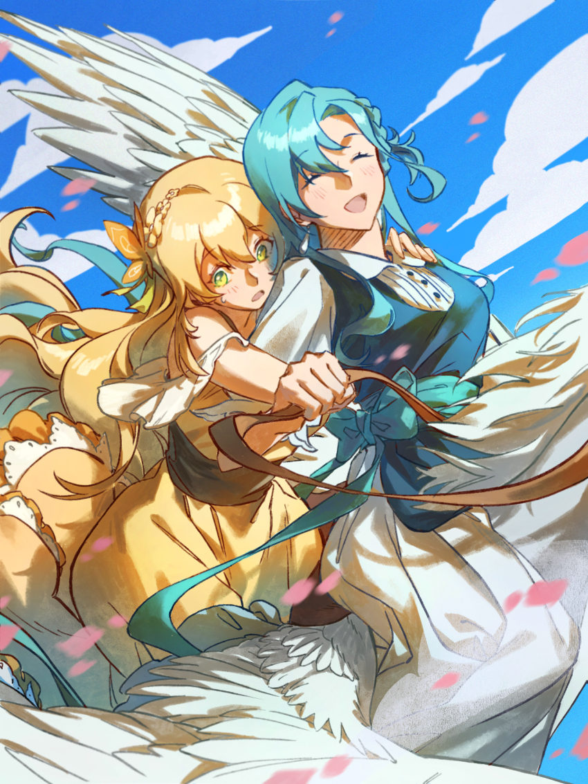 2girls :d blonde_hair blue_hair blue_sky blush braid butterfly_hair_ornament celine_(fire_emblem) chloe_(fire_emblem) closed_eyes dress fire_emblem fire_emblem_engage green_eyes hahahashagi hair_ornament highres long_hair multiple_girls nintendo open_mouth pegasus pegasus_wings shirt sky smile very_long_hair