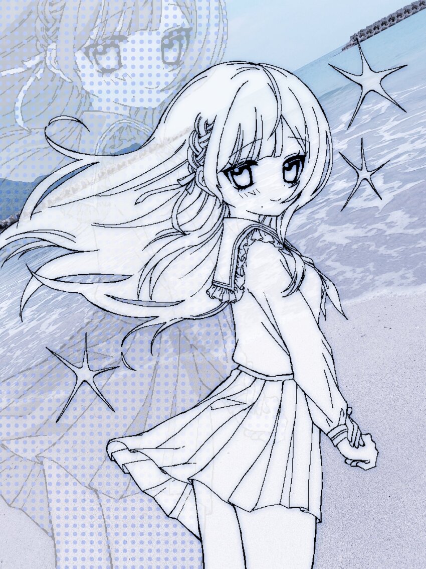 1girl awai._(awaawa_suisoh) braid closed_mouth commentary commission floating_hair frilled_sailor_collar frills hashtag-only_commentary highres long_hair long_sleeves looking_at_viewer miniskirt original own_hands_together pleated_skirt sailor_collar school_uniform serafuku side_braid skeb_commission skirt smile sparkle standing symbol-only_commentary zoom_layer