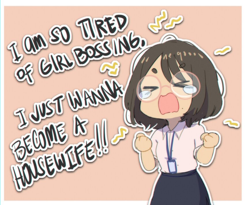 &gt;_&lt; 1girl artist_self-insert black_skirt border commentary creator_(neneneqo) english_text glasses hair_between_eyes highres id_card lanyard medium_hair mole mole_under_eye neqo_(neneneqo) office_lady original outside_border pink_background round_eyewear simple_background skirt symbol-only_commentary tears v-shaped_eyebrows white_border