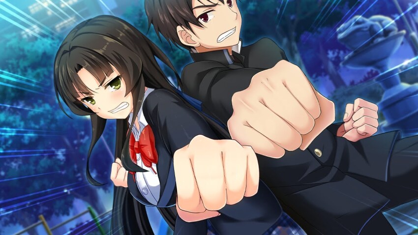 1boy 1girl araya_kazuki black_hair black_jacket black_pants bow bowtie breasts clenched_hands emphasis_lines green_eyes jacket large_breasts long_hair long_sleeves looking_at_viewer moe!_ninja_girls official_art pants parted_bangs red_bow red_bowtie saion-ji_enju school_uniform second-party_source shirt short_hair sidelocks straight_hair teeth very_long_hair white_shirt