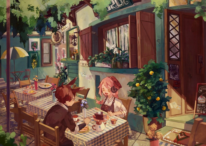 +_+ 1boy 1girl animal_ears braid brown_eyes cafe cake chair door fake_text fantasy flower food fork fruit_tree highres holding holding_fork horns kurasaka orange_tree original plant potted_plant rabbit_ears shirt short_hair sign single_braid table tablecloth tea teapot tree umbrella vase whipped_cream white_shirt window window_shutter