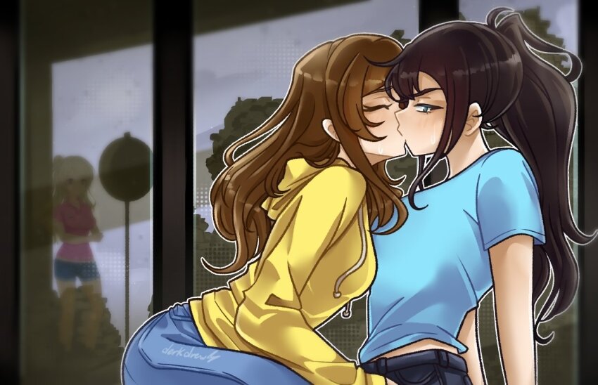 3girls angry averting_eyes black_hair blue_shirt breasts brown_hair class_of_09 closed_eyes couple denim derkdrew124 half-closed_eyes high_ponytail hood hoodie indoors jeans jecka_(class_of_09) kiss large_breasts looking_back medium_breasts megan_(class_of_09) multiple_girls neck nicole_(class_of_09) pants ponytail shirt sign sitting standing t-shirt yellow_hoodie yuri