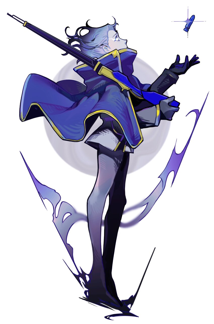 1girl absurdres angela_(project_moon) black_gloves black_jacket black_pants blue_cape blue_hair bullet cape der_freischuetz_(project_moon) e.g.o_(project_moon) floating_hair full_body gloves gold_trim gun highres holding holding_weapon jacket library_of_ruina long_sleeves magic_bullet_(e.g.o) no_pupils pants project_moon rifle sekisei_mg short_hair solo sparkle weapon