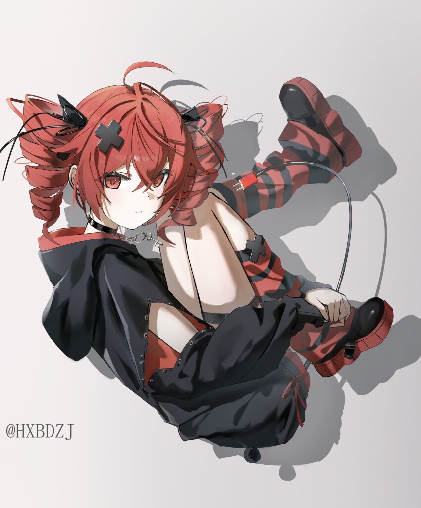 1girl absurdres ahoge alternate_costume arm_cutout belt black_belt black_choker black_shoes black_socks black_sweater choker closed_mouth drill_hair fetal_position floating full_body grey_background hair_between_eyes hair_ornament hair_ribbon highres hxbdzj kasane_teto key kneehighs leg_up long_sleeves looking_at_viewer looking_to_the_side red_eyes red_hair red_socks ribbon shadow shoes simple_background smile socks solo sweater thigh_belt thigh_strap twin_drills twitter_username utau white_ribbon x_hair_ornament
