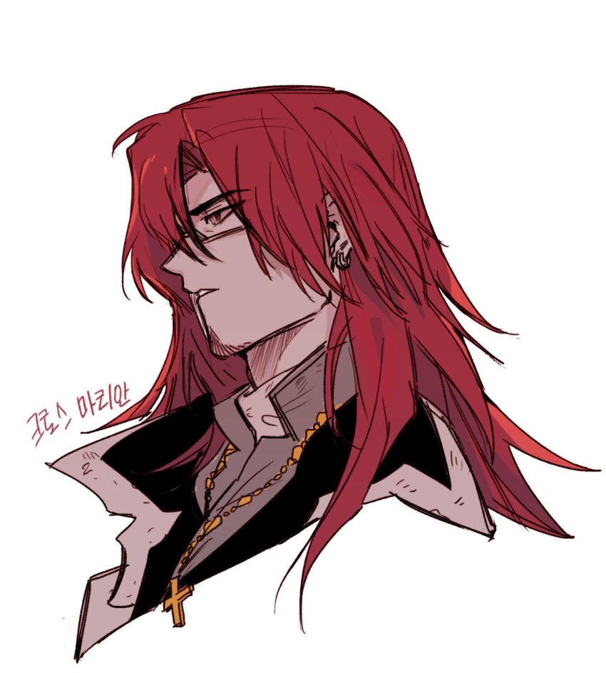 1boy black_coat cassock coat collared_coat cross cross_marian cross_necklace d.gray-man earrings facial_hair hair_between_eyes hair_over_one_eye hair_over_shoulder highres hoop_earrings jewelry long_hair looking_ahead looking_to_the_side male_focus mature_male necklace profile puripuri0748 red_eyes red_facial_hair red_hair shirt sidelocks simple_background solo striped_coat turtleneck turtleneck_shirt white_background white_shirt