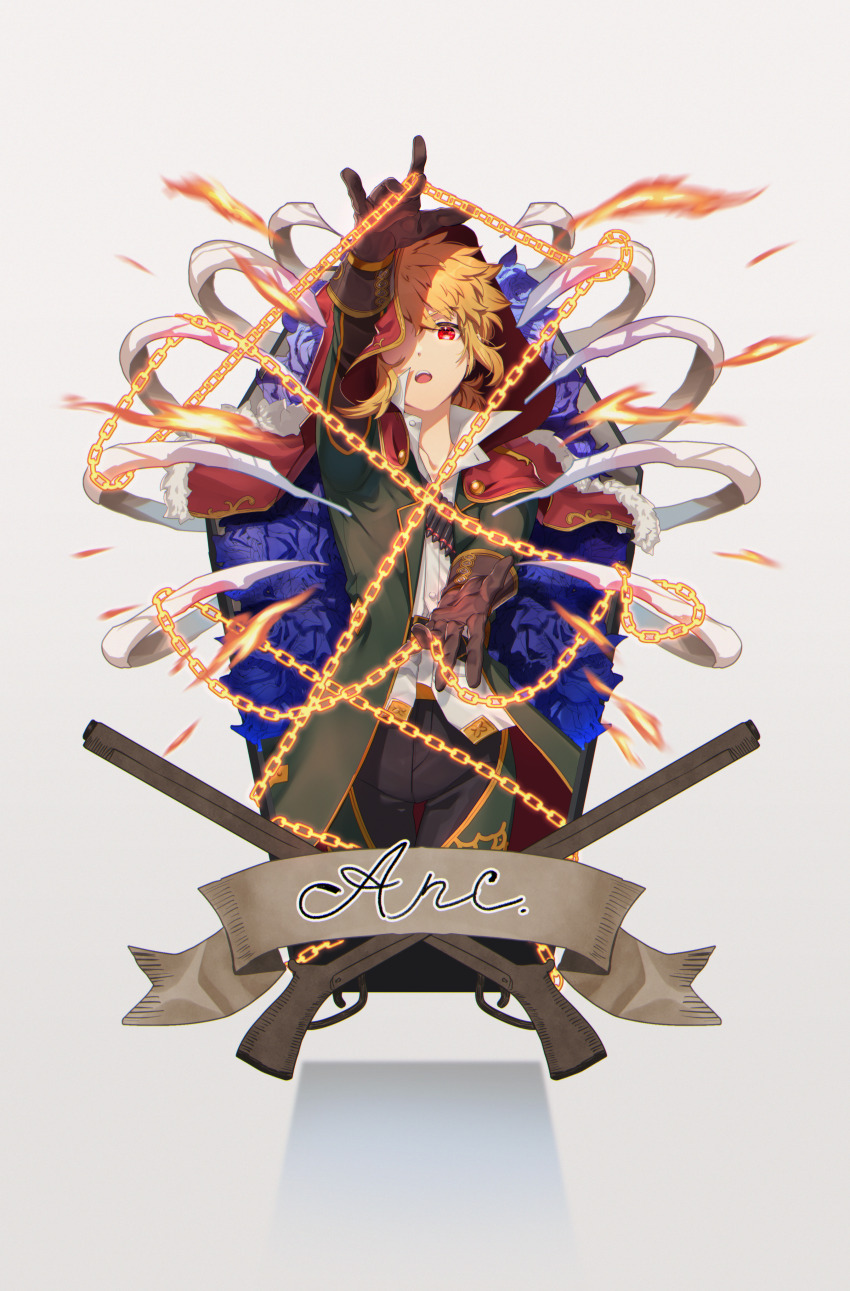 1other absurdres arc_(housamo) arm_up belt blonde_hair blue_flower blue_rose buku2_suisou capelet chain character_name coffin collared_shirt commentary_request cowboy_shot english_text fire flower fur-trimmed_capelet fur_trim gloves green_jacket grey_background gun highres hood hood_up hooded_capelet jacket looking_at_viewer official_alternate_costume open_mouth other_focus outstretched_arms red_capelet red_eyes rose shadow shirt short_hair sidelocks simple_background solo tokyo_houkago_summoners weapon white_shirt