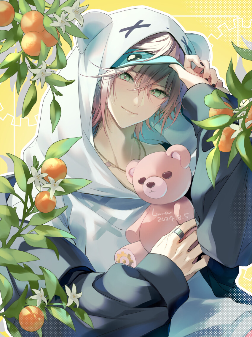 1boy absurdres animal_hood bishounen commentary dated eye_mask flower food fruit green_eyes hair_between_eyes highres holostars hood hood_up hoodie jewelry long_sleeves looking_at_viewer luma8b male_focus mask_pull necklace off_shoulder orange_(fruit) outline pink_hair rikka_(holostars) short_hair signature smile upper_body virtual_youtuber white_flower white_hoodie white_outline yellow_background