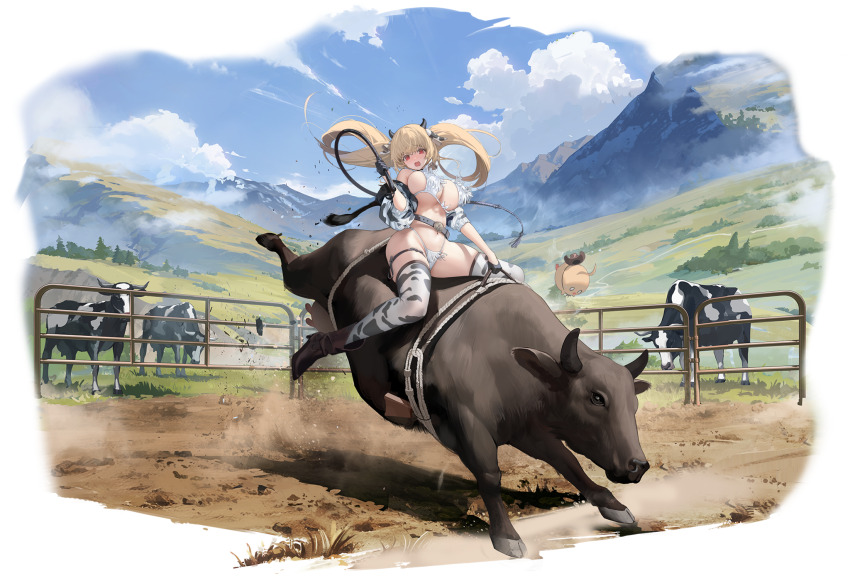 1girl animal animal_print azur_lane bare_shoulders belt bikini bird blonde_hair blue_sky boots breasts bull cloud cloudy_sky cow cow_print day fake_horns gloves hair_ornament high_heel_boots high_heels highres holding holding_weapon holding_whip horns horse kersaint_(a_saint&#039;s_mercy_can_do_no_wrong)_(azur_lane) kersaint_(azur_lane) large_breasts long_hair manjuu_(azur_lane) mimoza_(96mimo414) mountain navel official_art open_mouth outdoors red_eyes sky stomach swimsuit thigh_strap thighhighs thighs twintails weapon whip