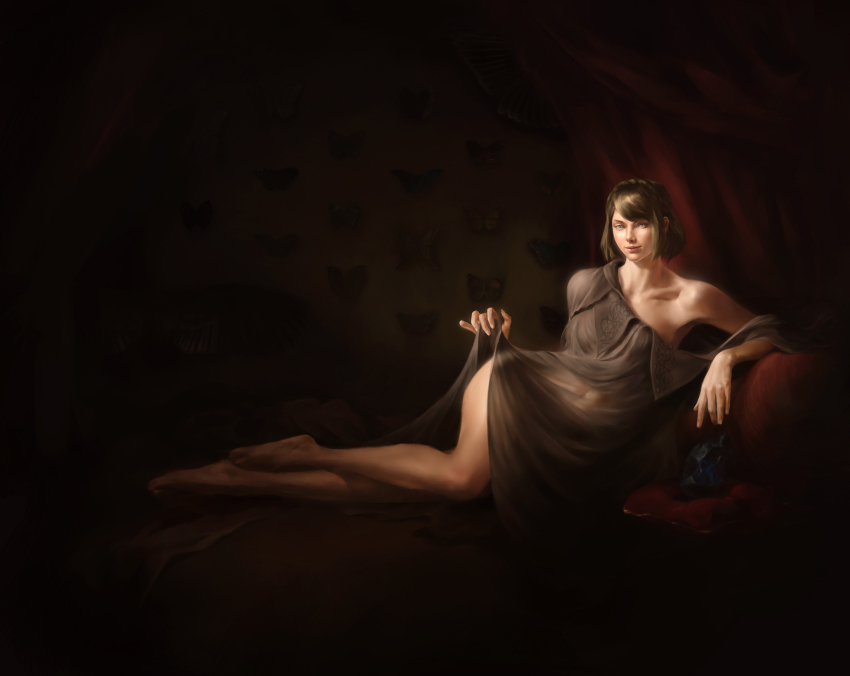 1girl athena_(ff14) bare_legs braid brown_hair crown_braid dark_background final_fantasy final_fantasy_xiv formtheheadcom highres looking_at_viewer lying off_shoulder on_side robe robe_lift short_hair smile solo thighs