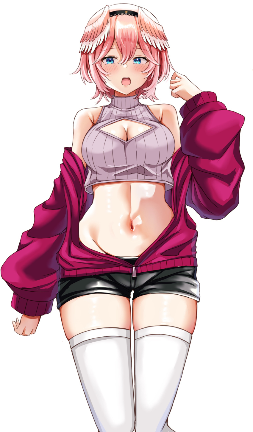 1girl absurdres black_shorts blue_eyes breasts crop_top hairband head_wings highres hololive medium_breasts midriff navel nootomo pink_hair short_hair shorts sweat takane_lui thighhighs virtual_youtuber white_background white_thighhighs wings
