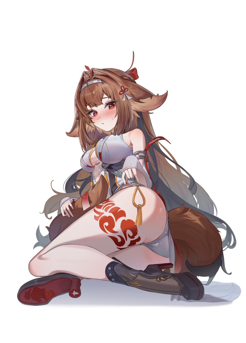 1girl absurdres animal_ears ass black_streaks blush breasts brown_hair china_dress chinese_clothes clover_hair_ornament commentary dress droopy_ears embarrassed fox_ears fox_girl fox_tail hair_ornament headband high_heels highres leg_tattoo lifting_own_clothes medium_breasts panties red_eyes sleeveless sweatdrop tail tassel tattoo thighs underwear user_negy5372 white_background white_panties ye_shunguang zenless_zone_zero