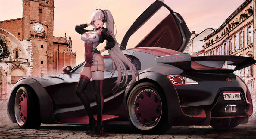 1girl absurdres alternate_costume arm_behind_head azur_lane black_car car character_name church citroen citroen_survolt copyright_name dunkerque_(azur_lane) france full_body hand_on_own_hip headset highres kcar66t license_plate looking_at_viewer motor_vehicle product_placement race_queen race_vehicle racecar real_world_location scissor_doors spoiler_(automobile) thighhighs toulouse toulouse_cathedral