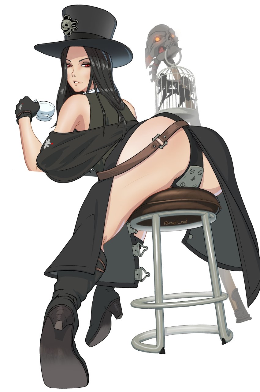 1other 2girls absurdres androgynous ass ass_focus belt birdcage black_footwear black_gloves black_hair black_panties boots cage commentary crotch_plate cup english_commentary eyeshadow from_behind gloves goth_fashion gothic_lolita guilty_gear guilty_gear_strive hat high_heel_boots high_heels highres lolita_fashion long_skirt looking_at_viewer looking_back loose_belt makeup medium_hair mini_person minigirl multiple_girls off_shoulder other_focus panties planted red_eyes royal_nod silhouette skirt skull solo_focus stool succubus_familiar teacup testament_(guilty_gear) thighs top_hat underwear upskirt