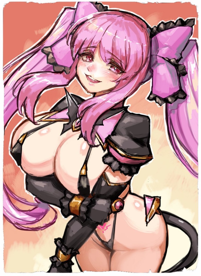 1girl alternate_costume arty_cherry black_gloves black_shrug border bow breasts corruption cosplay cowboy_shot dark_persona elbow_gloves frills gloves hair_bow harukaze_mai_(tsmg_nao!) highres holding_own_arm jewelry large_breasts long_hair looking_at_viewer magical_girl multicolored_shrug no_pants no_wings open_mouth pink_eyes pink_hair pink_shrug pubic_tattoo revealing_clothes shrug_(clothing) sketch slave_cherry slave_cherry_(cosplay) slave_gear slingshot_swimsuit smile solo swimsuit tattoo ts_magical_girl_nao twintails two-tone_shrug white_border