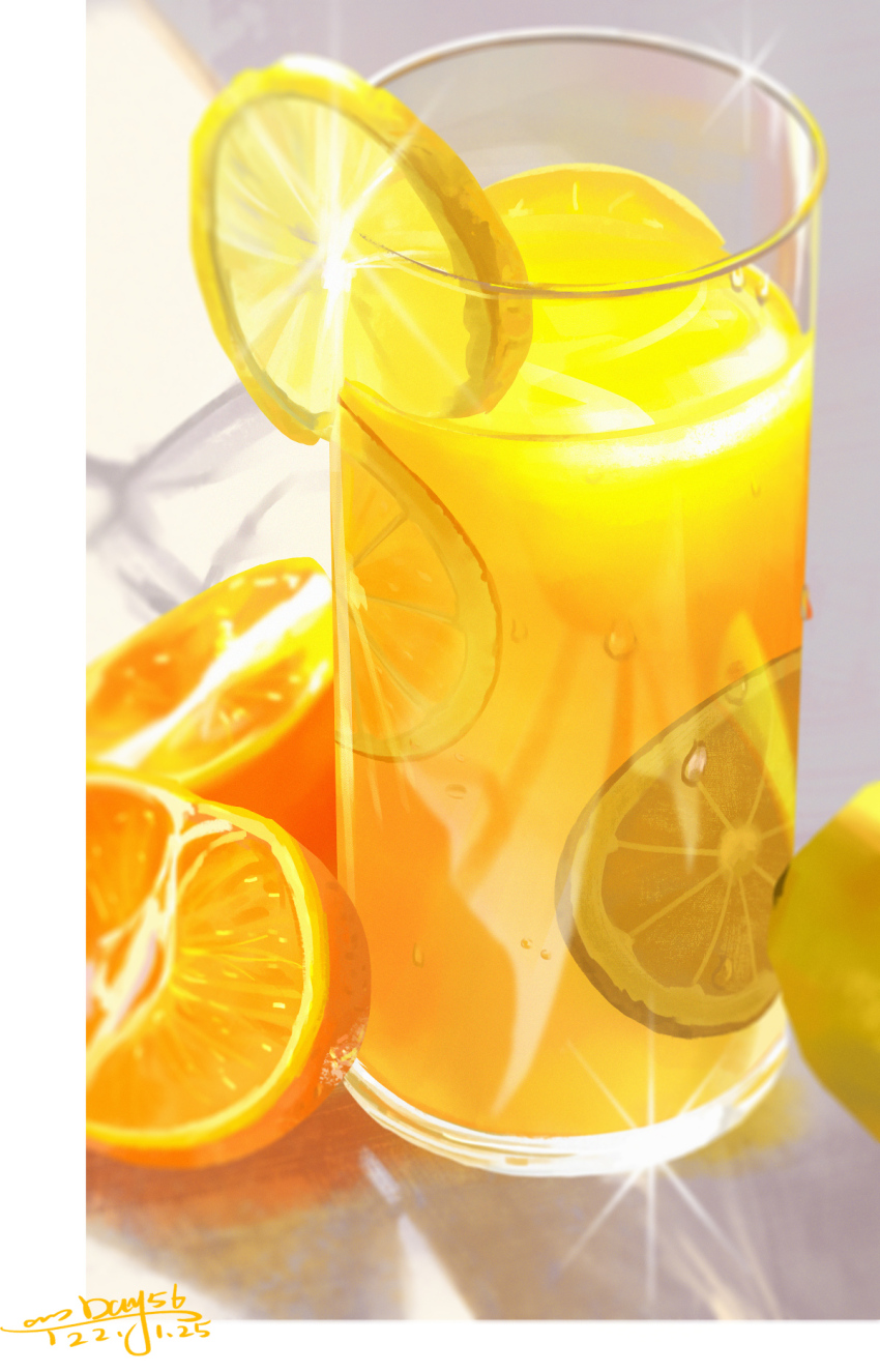 border bubble chinese_commentary commentary_request dated food food_focus fruit glass highres lemon lemon_slice lemonade no_humans orange_(fruit) orange_slice original outdoors sanshui_guantang shade signature sparkle table white_border