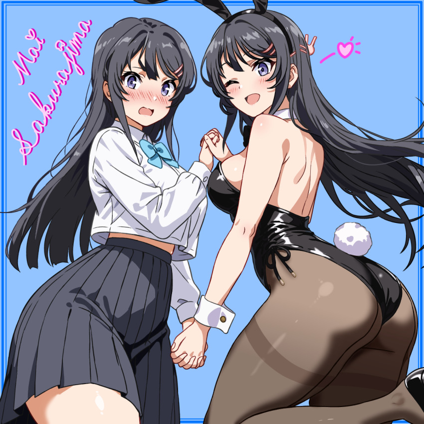 2girls animal_ears ass bare_shoulders black_hair blue_background blue_eyes blush breasts character_name commentary commission dual_persona fake_animal_ears hair_ornament heart highres holding_hands large_breasts leotard long_skirt looking_at_viewer multiple_girls one_eye_closed pantyhose pixiv_commission playboy_bunny pleated_skirt rabbit_ears rabbit_hair_ornament sakurajima_mai school_uniform seishun_buta_yarou shirt simple_background skirt smile tokinin4 white_shirt