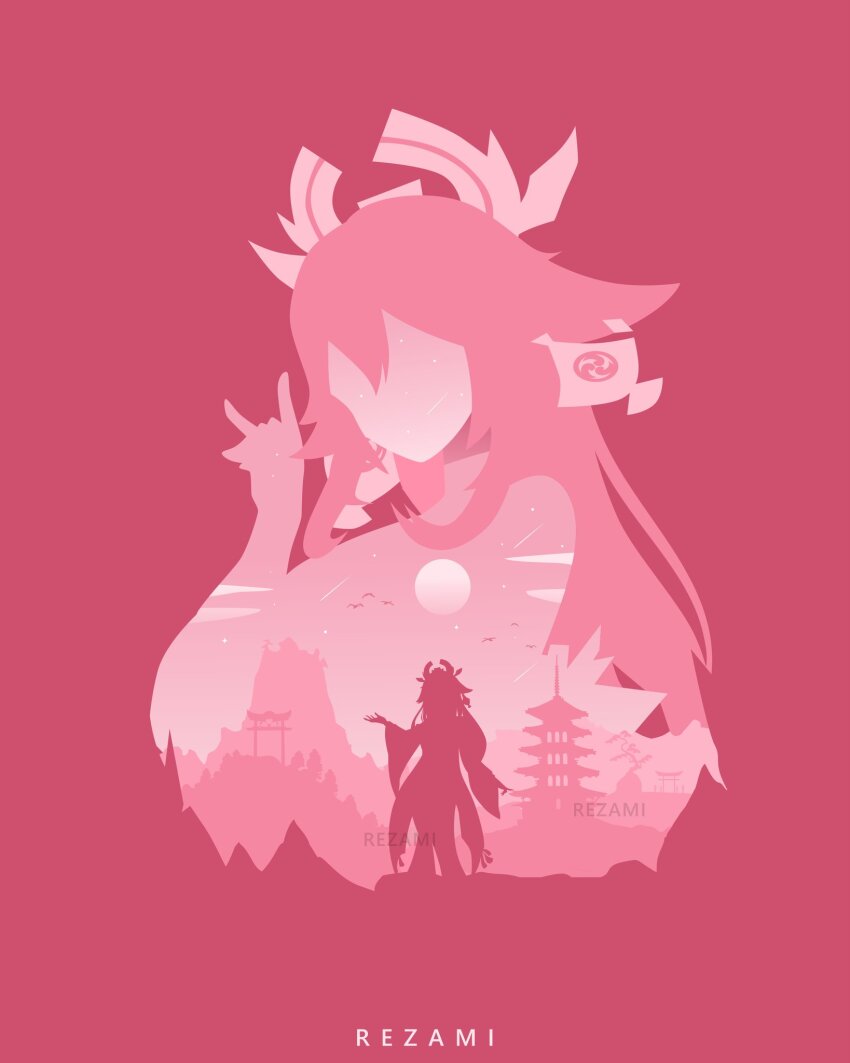 1girl architecture artist_name bird commentary droopy_ears earrings east_asian_architecture english_commentary facing_viewer fox_shadow_puppet full_moon genshin_impact hand_up headgear highres jewelry long_hair minimalism monochrome moon mountain pink_background pink_theme rezami silhouette solo torii yae_miko