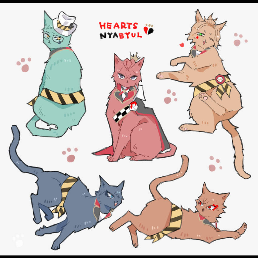:3 ace_trappola animalization awara_kayu bangs_pinned_back black_cat black_eyes blue_eyes cape cat cater_diamond club_(shape) commentary_request crossed_bangs crown deuce_spade diamond_(shape) glasses green_cat green_eyes hair_over_one_eye hat heart highres looking_at_viewer looking_back lying makeup mini_hat mini_top_hat on_back one_eye_closed orange_cat partial_commentary paw_print piercing red_cat red_eyes riddle_rosehearts running sash simple_background sitting spade_(shape) top_hat trey_clover twisted_wonderland white_background yellow_eyes