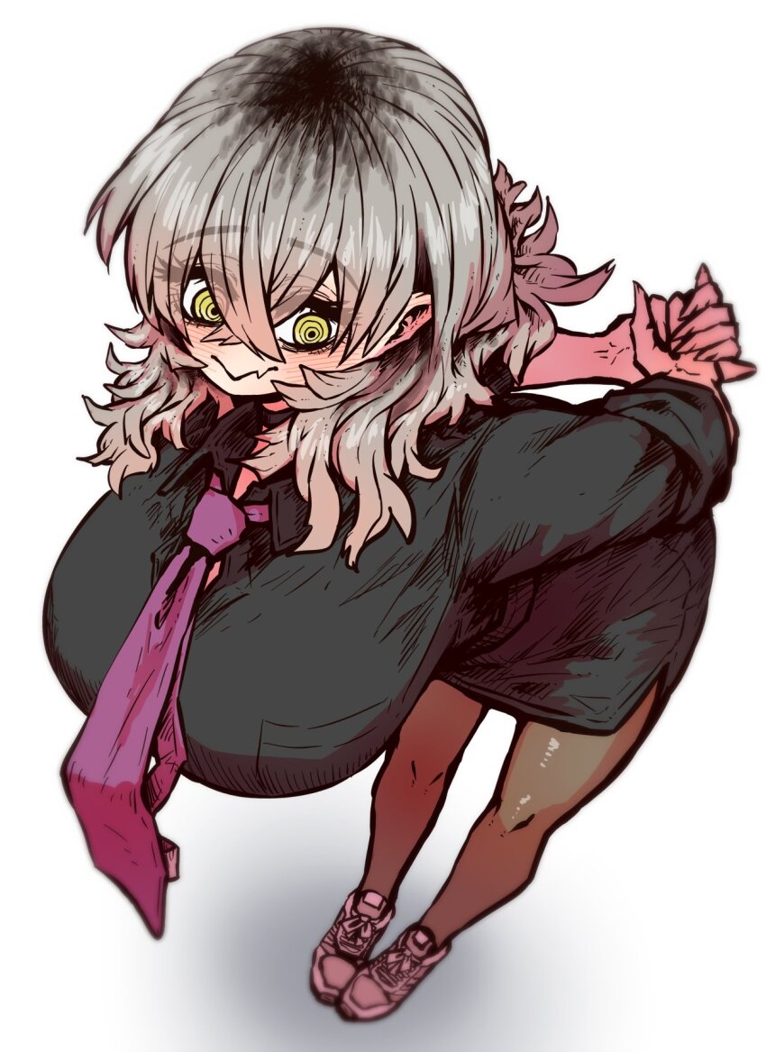 1girl aroused bent_over black_shirt blush breasts cross-body_stretch fang flexible foreshortening formal_clothes grey_hair highres huge_breasts large_breasts legs long_hair looking_at_viewer necktie perspective purple_necktie shiba_natsuki shirt shoes simple_background skin_fang skirt skirt_suit smile sneakers solo ss_kabushikigaisha stretching suit sweat white_background white_shoes yellow_eyes zyugoya