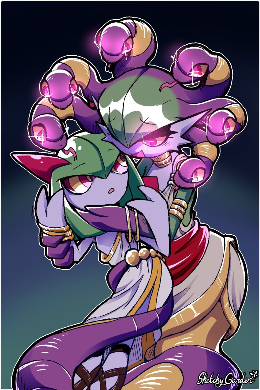 artist_name colored_skin ekans forked_tongue gardevoir gen_1_pokemon gen_3_pokemon glowing glowing_eyes gradient_background green_hair green_skin highres horns jewelry kirlia multicolored_skin nintendo open_mouth pink_eyes pokemon pokemon_(creature) pokemon_infinite_fusion purple_skin sidelocks sketchygarden smile snake_hair tongue two-tone_skin white_skin