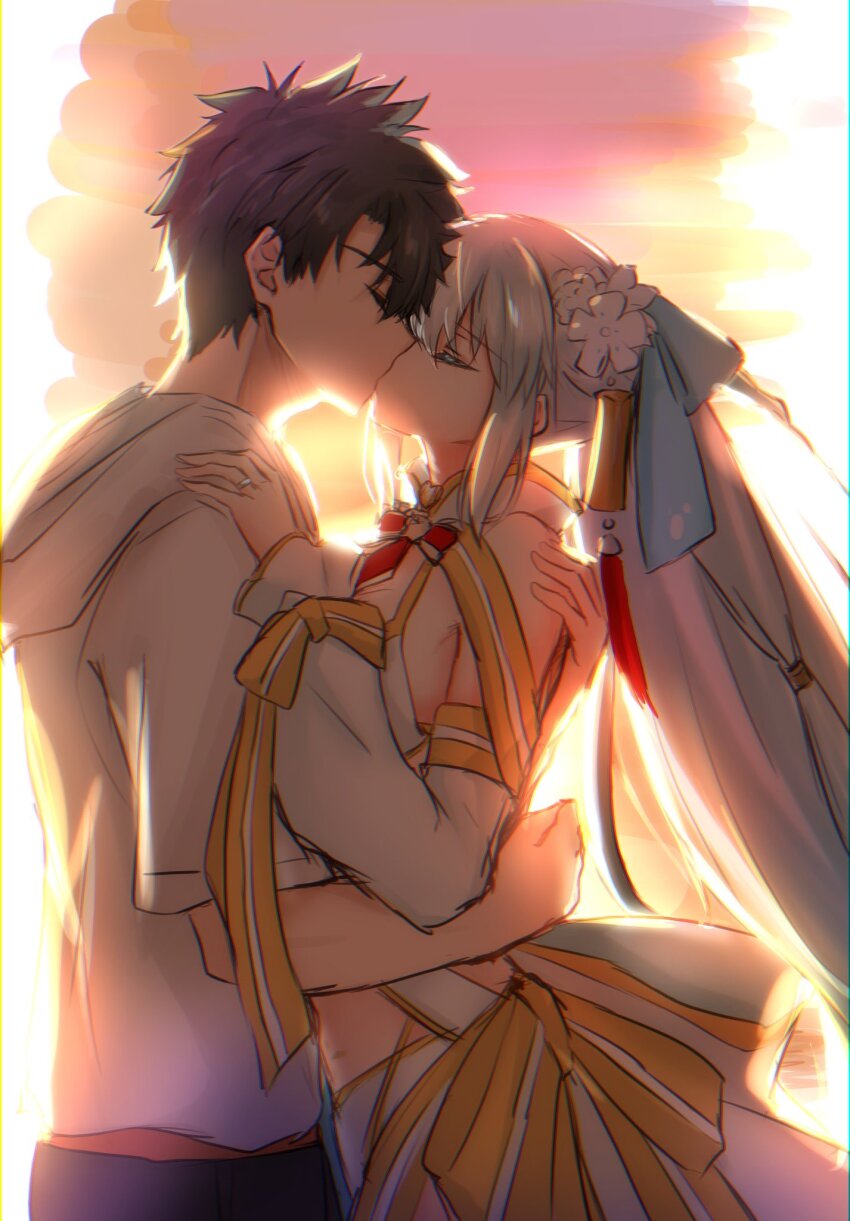1boy 1girl black_hair bow closed_eyes fate/grand_order fate_(series) fujimaru_ritsuka_(male) hair_between_eyes hair_bow highres kiss long_hair morgan_le_fay_(fate) morgan_le_fay_(water_princess)_(fate) ponytail ringozuki short_hair swimsuit white_hair