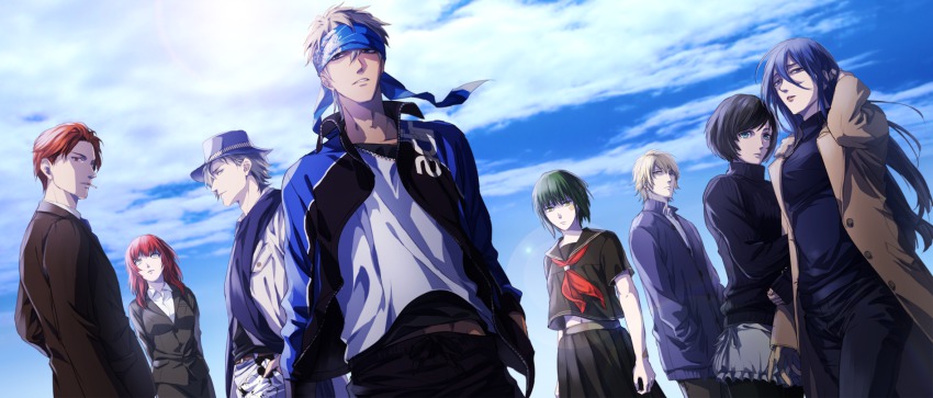 4boys 4girls arms_behind_back bandaid bandaid_on_arm bandaid_on_face bandana black_hair black_jacket black_legwear black_serafuku black_shirt black_skirt blouse blue_eyes blue_sky blurry bokeh buttons cigarette closed_mouth cloud cloudy_sky coat day depth_of_field dutch_angle formal_clothes frown fur_trim green_eyes green_hair hair_between_eyes hand_in_own_hair hands_in_pockets hat highres holding_another&#039;s_arm holding_own_arm jacket long_hair long_sleeves mouth_hold multiple_boys multiple_girls otani_(gloria) outdoors pants pantyhose parted_lips pleated_skirt red_eyes red_hair ribbed_sweater scarf school_uniform serafuku shirt short_sleeves side-tie_bottom skirt sky smile suit sweater swept_bangs t-shirt tokyo_itan_shinmon turtleneck unzipped upskirt white_eyes zipper