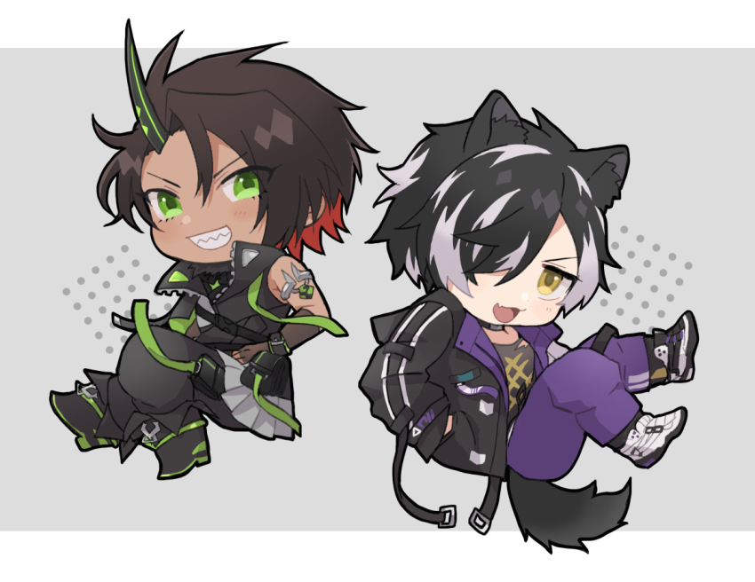 animal_ears aragami_oga aragami_oga_(4th_costume) black_choker black_footwear black_hair black_horns black_jacket black_shirt boots brown_hair chibi choker colored_inner_hair commentary_request dark-skinned_male dark_skin fang green_eyes grey_background hair_over_one_eye hand_in_pocket holostars horns jackal_boy jackal_ears jackal_tail jacket kageyama_shien kageyama_shien_(4th_costume) letterboxed mafia_(holostars) male_focus mioto_(tsubsq_m) multicolored_hair open_clothes open_jacket pants pouch print_shirt purple_pants red_hair sharp_teeth shirt short_hair single_horn skin_fang streaked_hair teeth thigh_pouch torn_clothes torn_shirt two-sided_fabric two-sided_jacket two-tone_hair virtual_youtuber white_hair yellow_eyes zipper