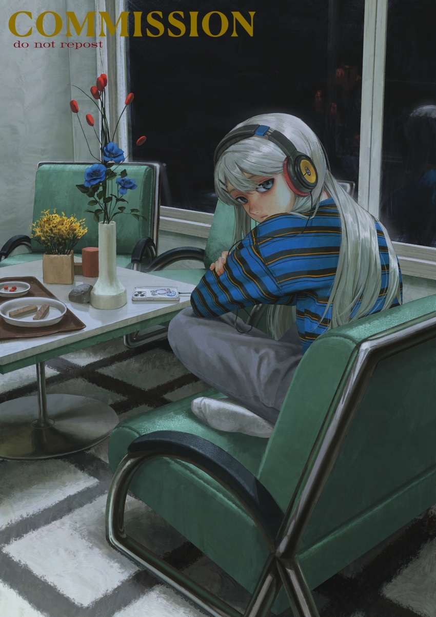 1girl absurdres armchair blue_eyes chair commission expressionless grey_hair headphones highres indian_style indoors kanikumi_toi long_hair looking_at_viewer night original reflection shirt sitting solo striped_clothes striped_shirt window