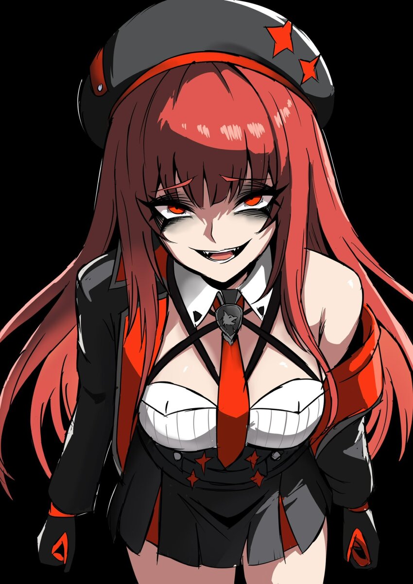 1girl beret black_background blunt_bangs commentary_request detached_collar evil_grin evil_smile goddess_of_victory:_nikke grin hat highres long_eyelashes looking_at_viewer nagainegi necktie off-shoulder_jacket off_shoulder rapi_(nikke) rapi_(red_hood)_(nikke) red_hair red_necktie single_bare_shoulder single_off_shoulder smile solo two-tone_gloves two-tone_hat