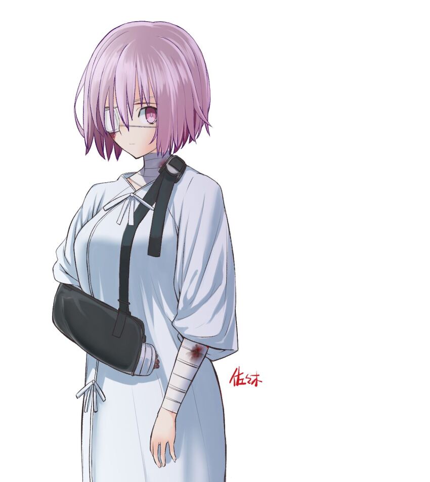1girl arm_cast arm_sling bandaged_arm bandaged_neck bandages breasts commentary_request cowboy_shot eyepatch fate/grand_order fate_(series) hair_over_one_eye highres hospital_gown large_breasts mash_kyrielight medical_eyepatch pink_eyes pink_hair sasaki_shounen short_hair signature solo
