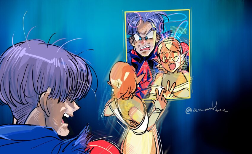 1boy 1girl amartbee artist_name chronoa cosplay highres lyla_(marvel)_(cosplay) marvel one_eye_closed photo_(object) picture_frame spider-man:_across_the_spider-verse spider-man_(2099)_(cosplay) spider-man_(series) spider-verse super_dragon_ball_heroes tagme taking_picture trunks_(dragon_ball) trunks_(future)_(dragon_ball) twitter_username v wink