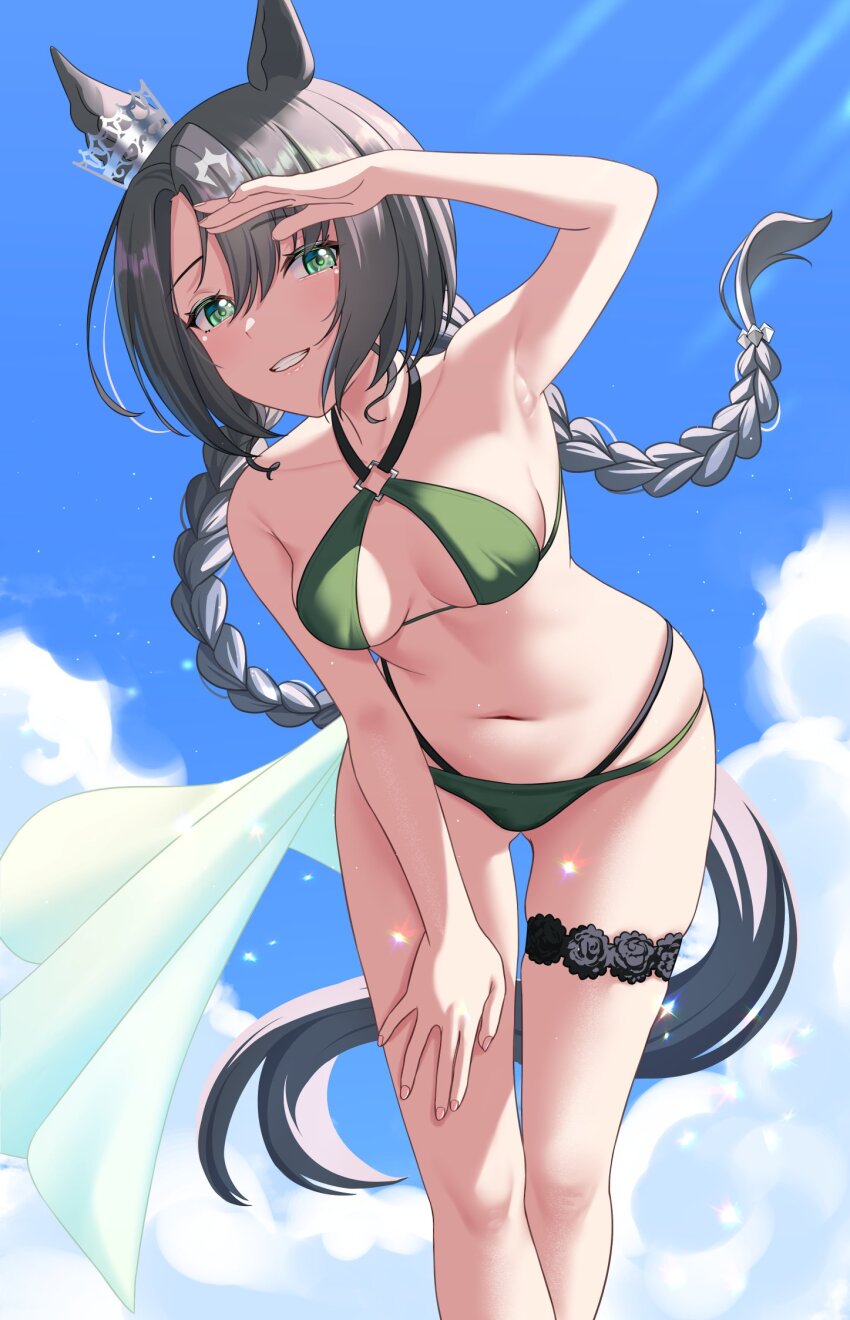 1girl alternate_costume alternate_hairstyle animal_ears bare_shoulders bikini black_hair braid braided_ponytail breasts collarbone ear_ornament ear_through_crown green_bikini green_eyes hair_between_eyes highres horse_ears horse_girl horse_tail long_hair looking_at_viewer medium_breasts midriff multicolored_hair navel philo_324 satono_crown_(umamusume) smile solo streaked_hair swimsuit tail umamusume white_hair