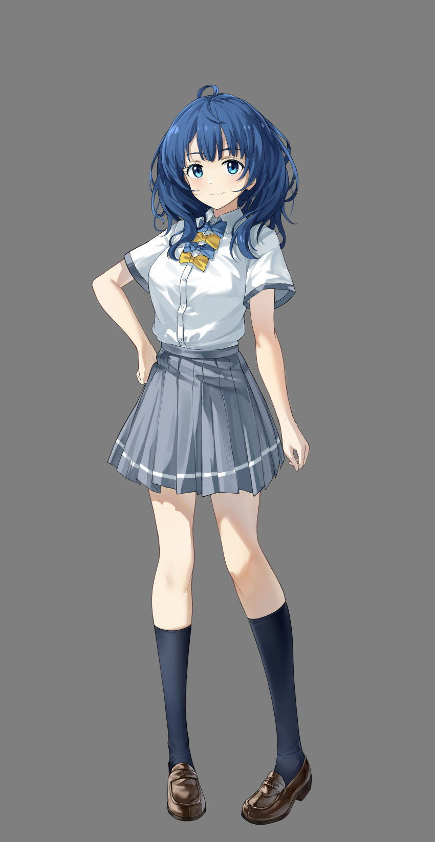 1girl absurdres black_socks blue_bow blue_bowtie blue_eyes blue_hair bow bowtie breasts brown_shoes closed_mouth commentary_request full_body geez grey_background grey_skirt hand_on_own_hip highres kneehighs loafers long_hair looking_at_viewer make_heroine_ga_oo_sugiru! medium_breasts pleated_skirt school_uniform shirt shoes short_sleeves simple_background skirt smile socks solo tachi-e tsuwabuki_high_school_uniform white_background yanami_anna yellow_bow yellow_bowtie