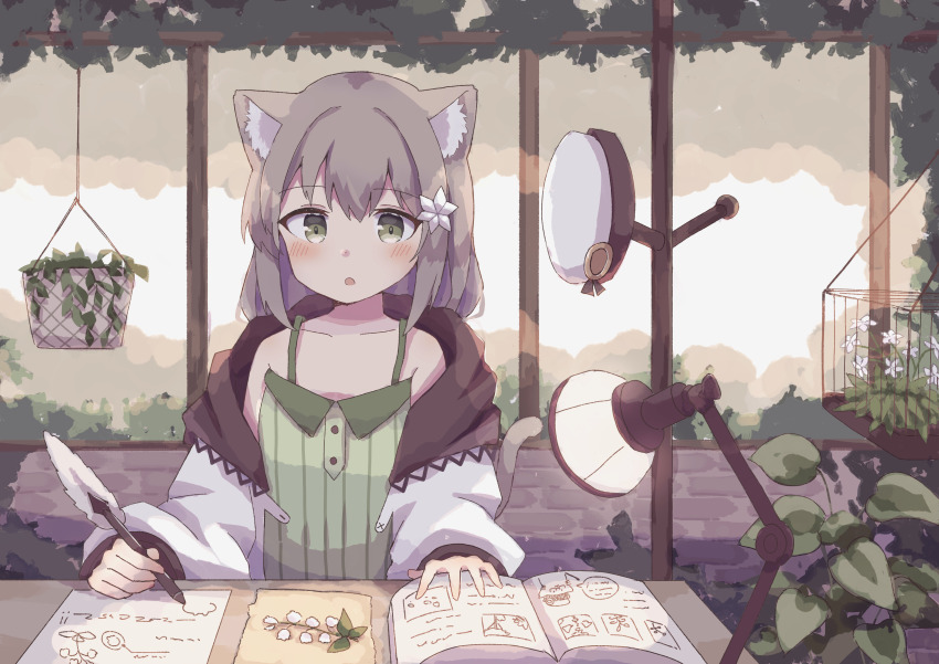1girl :c absurdres animal_ear_fluff animal_ears bare_shoulders black_jacket blush book cat_ears cat_girl cat_tail collarbone colon_br day desk_lamp flat_chest flower green_eyes green_shirt grey_hair hair_between_eyes hair_ornament hanging_plant hat_rack highres holding holding_pen hood hood_down hooded_jacket jacket lamp long_hair looking_down multicolored_jacket open_book open_clothes open_jacket open_mouth original outdoors pen raised_eyebrows shirt sidelocks sitting sleeveless sleeveless_shirt solo star_(symbol) star_hair_ornament straight_hair table tail terrace two-tone_jacket upper_body white_flower white_jacket wooden_table writing