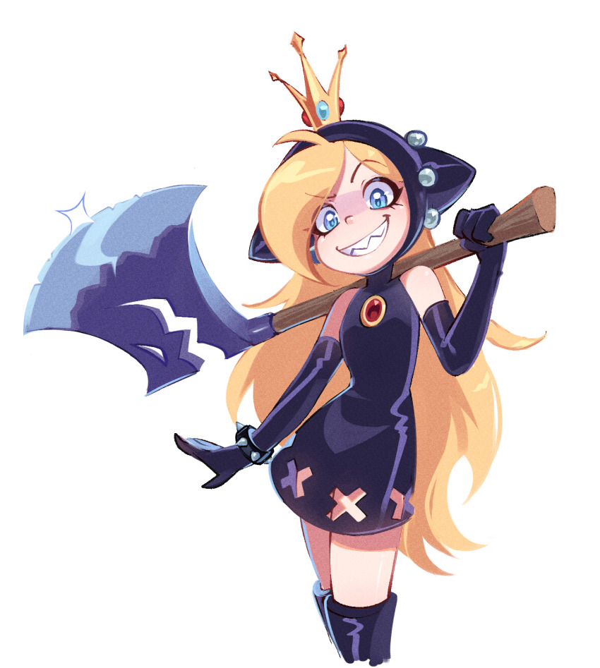 1girl axe bare_shoulders black_boots black_dress blonde_hair blue_eyes boots bracelet brooch crown dress elbow_gloves gloves grin highres holding holding_axe hooded_dress jewelry long_hair looking_at_viewer mario_(series) mario_power_tennis mario_tennis nintendo over_shoulder simple_background smile solo spiked_bracelet spikes teeth thigh_boots warupeach weapon weapon_over_shoulder white_background xxfaylinnxx