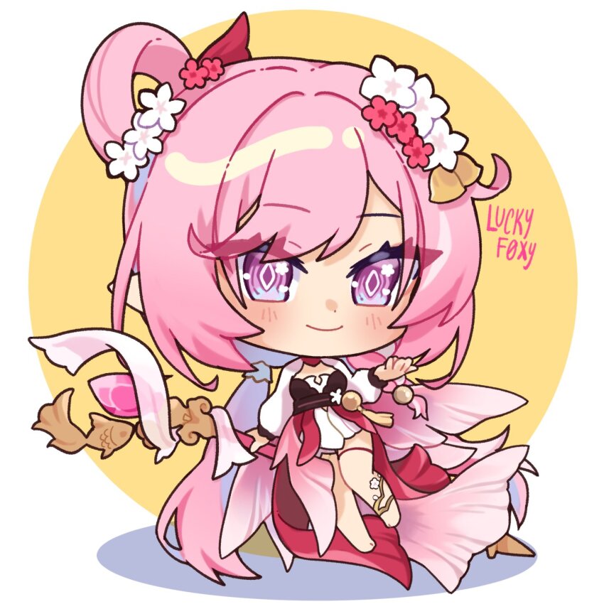 1girl bare_legs barefoot bell blush_stickers border diamond-shaped_pupils diamond_(shape) dress elysia_(herrscher_of_human:_ego)_(honkai_impact) elysia_(honkai_impact) elysia_(peachy_spring)_(honkai_impact) feet floating_hair flower hair_bell hair_flower hair_ornament hashtag-only_commentary highres holding holding_staff honkai_(series) honkai_impact_3rd long_hair luckyf0xy official_alternate_costume oval_background pink_hair purple_eyes red_dress smile solo staff symbol-shaped_pupils very_long_hair white_border yellow_background