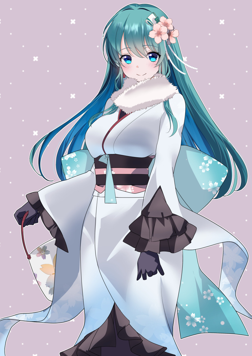 1girl absurdres azusa_(azchemist63) black_gloves blue_eyes blue_ribbon eirika_(fire_emblem) fire_emblem fire_emblem:_the_sacred_stones flower fuzzy_clothes gloves green_hair hair_flower hair_ornament highres japanese_clothes kimono nintendo obi ribbon sash smile snow white_kimono