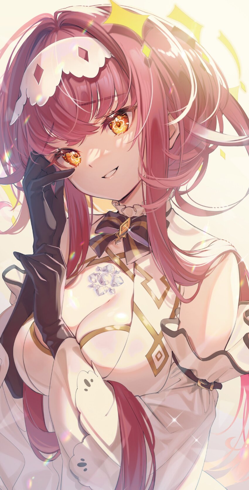 1girl absurdres black_gloves boukyaku_seijo bow bowtie breasts cleavage cleavage_cutout clothing_cutout crystal detached_sleeves frilled_hairband frills gloves grin hairband hand_on_own_head highres long_hair mariabelle_(boukyaku_seijo) novel_illustration official_art pink_hair portrait raised_inner_eyebrows second-party_source shirt shuri_(84k) sleeveless sleeveless_shirt smile smirk solo star_(symbol) yellow_eyes