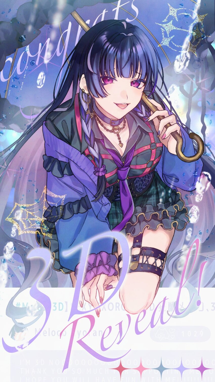 1girl :d ahoge black_hair black_ribbon black_shirt blunt_bangs braid breasts chain choker cleavage collared_shirt commentary_request corset cross-laced_clothes cross-laced_corset ear_piercing earrings english_text eyelashes fingernails frilled_skirt frills gold_chain gold_earrings green_skirt hair_intakes hand_up highres holding holding_umbrella jacket jewelry kaburagi_(pnoir087) large_breasts leaning_forward linked_piercing long_fingernails long_hair long_sleeves looking_at_viewer meloco_kyoran meloco_kyoran_(1st_costume) multicolored_hair multicolored_nails nail_polish necktie nijisanji nijisanji_en o-ring o-ring_thigh_strap off_shoulder open_clothes open_jacket open_mouth piercing pink_nails plaid_clothes plaid_skirt puffy_long_sleeves puffy_sleeves purple_choker purple_corset purple_eyes purple_hair purple_jacket purple_nails purple_necktie purple_scrunchie purple_umbrella raised_eyebrows ribbon scrunchie shirt side_braids silk skirt smile solo spider_web streaked_hair teeth thigh_strap umbrella very_long_hair virtual_youtuber water_drop wrist_scrunchie