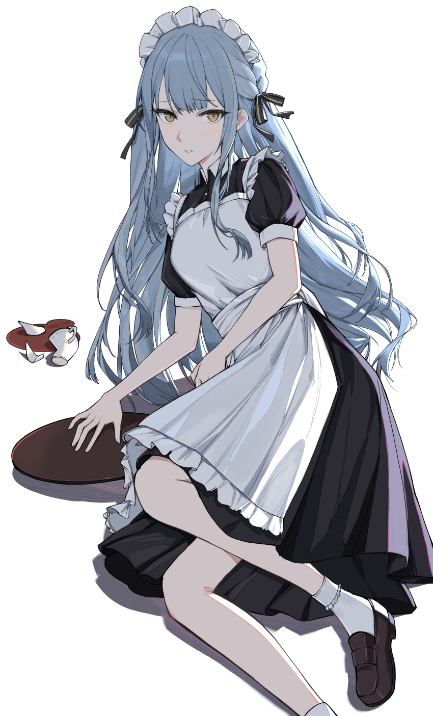1girl absurdres apron bang_dream! bang_dream!_it&#039;s_mygo!!!!! black_dress black_ribbon blue_hair braid broken_cup brown_shoes commentary dress english_commentary frilled_apron frills hair_ribbon haizou_bingsan highres loafers long_hair looking_at_viewer maid maid_apron open_mouth puffy_short_sleeves puffy_sleeves ribbon shoes short_sleeves sidelocks simple_background socks solo togawa_sakiko tray white_apron white_background white_socks yellow_eyes