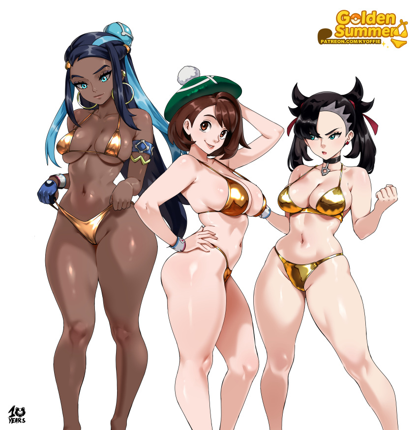 3girls absurdres arm_behind_head armpits bikini black_hair blue_eyes blue_hair breasts brown_eyes brown_hair commentary curvy dark-skinned_female dark_skin dynamax_band english_commentary gloria_(pokemon) gold_bikini green_eyes green_hat hair_ribbon hand_on_own_hip hands_up hat highres kyoffie large_breasts long_hair looking_at_another looking_at_viewer marnie_(pokemon) model_pose multicolored_hair multiple_girls navel nessa_(pokemon) nintendo pokemon pokemon_swsh ribbon short_hair simple_background smile stomach swimsuit tam_o&#039;_shanter thighs thong_bikini toned twintails two-tone_hair white_background