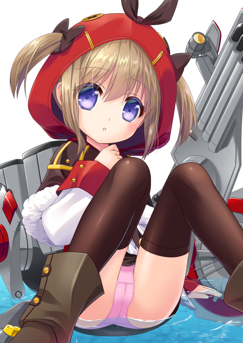 1girl :o arm_support ass azur_lane black_capelet black_skirt black_thighhighs boots bow brown_boots brown_bow brown_ribbon capelet commentary_request cowboy_shot female_focus fur-trimmed_capelet fur_trim hair_between_eyes hair_through_headwear highres hood hood_up hooded_capelet knees_up light_brown_hair long_sleeves looking_at_viewer machinery norfolk_(azur_lane) panties pantyshot pink_panties purple_eyes red_hood ribbon rigging s_nyaau searchlight shirt sidelocks simple_background sitting sitting_on_liquid skirt solo thighhighs torpedo twintails underwear white_background white_shirt