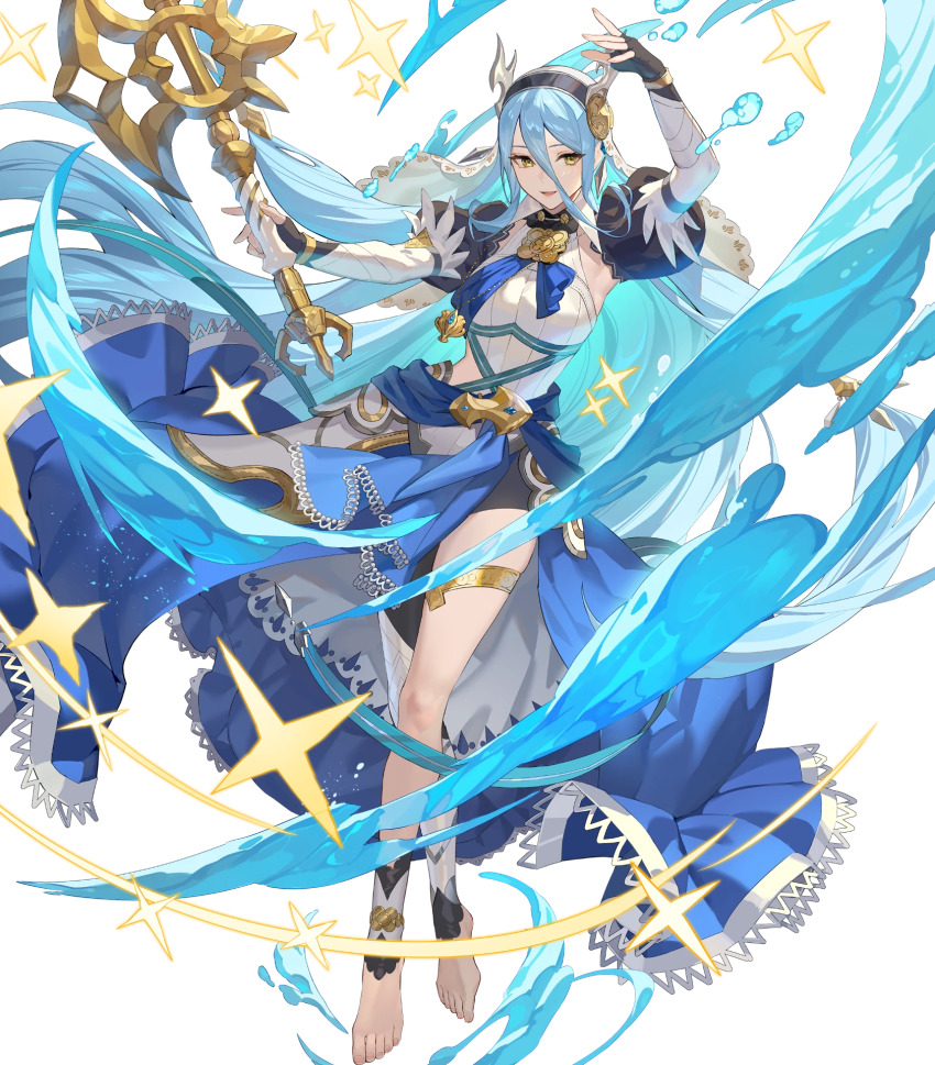 1girl axe azura_(fire_emblem) azura_(song&#039;s_reflection)_(fire_emblem) barefoot black_gloves blue_cape blue_hair blue_sash cape corrin_(female)_(fire_emblem) corrin_(female)_(fire_emblem)_(cosplay) corrin_(fire_emblem) cosplay dancing dragon_horns fake_horns fingerless_gloves fire_emblem fire_emblem_fates fire_emblem_heroes gloves headdress highres holding holding_axe horns jewelry lace-trimmed_cape long_hair nintendo non-web_source official_alternate_costume official_art open_mouth sash single_leg_pantyhose smile solo thighlet very_long_hair waist_cape water yellow_eyes